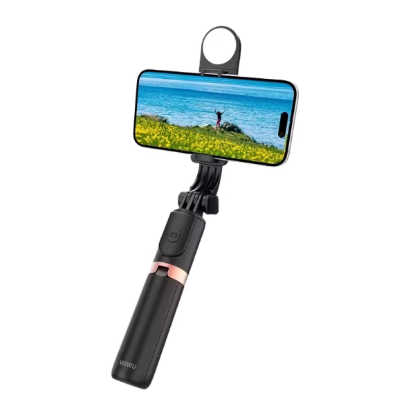 WiWU Wi-SE011 Mini Portable Selfie Stick (2)iWU Wi-SE011 Mini Portable Selfie Stick Material Aluminum alloy+ABS Cable Length 82cm Other Features Remote control with bluetooth | Mini portable with adjustable fill light (3 level)