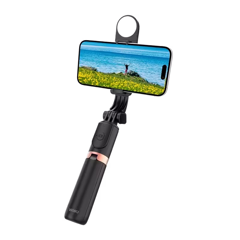 WiWU Wi-SE011 Mini Portable Selfie Stick (2)iWU Wi-SE011 Mini Portable Selfie Stick Material Aluminum alloy+ABS Cable Length 82cm Other Features Remote control with bluetooth | Mini portable with adjustable fill light (3 level)